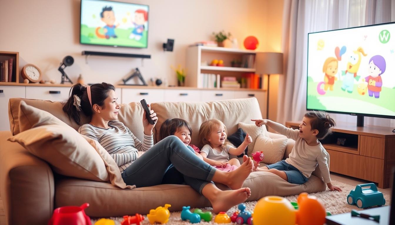 busy mom and kids watching TV